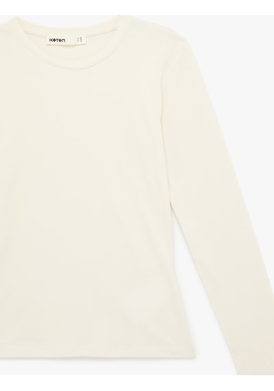 Koton Slim Fit Pamuklu Uzun Kollu Bisiklet Yaka Tişört Ekru 6sak50269ek Ekru