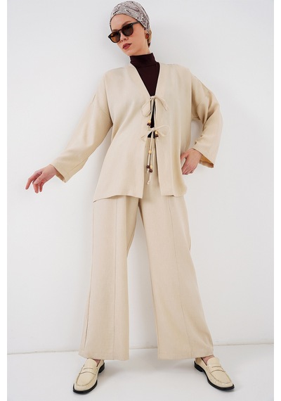 Bigdart Kadın Keten Kimono İkili Takım 6727 - Krem