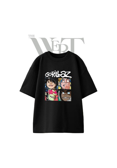 Thewert Gorillaz Tasarım Baskılı Ünisex Siyah Oversize T-shirt