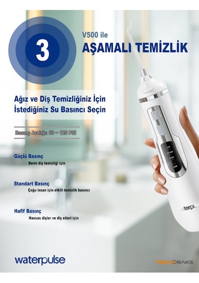 WaterPulse WP-V500-W Taşınabilir Şarjlı Masajlı Diş Protez Bakım ve Ağız Duşu