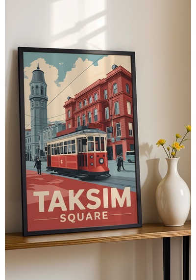 Taksim Meydanı Tablo - Nostaljik İstanbul Posteri - Retro Tramvay Duvar Dekoru - Şehir Tablosu Siyah