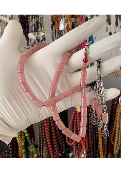 Yeni Malzemeden Osmanlı Sıkma Kehribar Pembe Kesme Model Tesbih