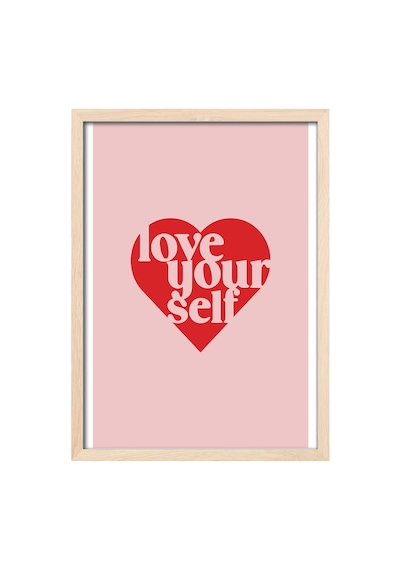 Love Yourself Kendini Sev Doğal Ahşap Çerçeveli Poster, Dekoratif Kalpli Duvar Tablosu