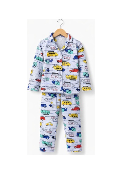 Free Beka Erkek Çocuk Önden Düğmeli Desenli Pijama Takımı %100 Pamuklu Pijama Takımı Gri