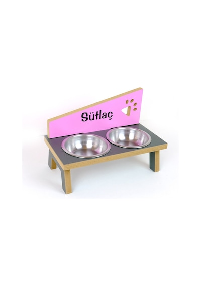 Özel İsim Baskılı, Ahşap, Çelik Kâseli Kedi- Küçük Irk Köpek Mama Ve Su Kabı Stantı 350 Ml.