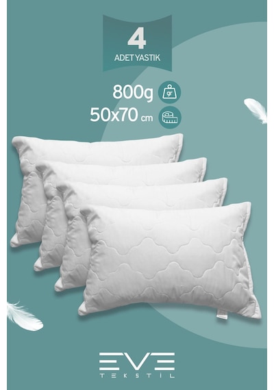Eve Tekstil 4 Adet Diamant Plus Kılıflı Fermuarlı Yıkanabilir Antialerjik Silikon Elyaf Yastık 50x70cm 800 Gr Beyaz