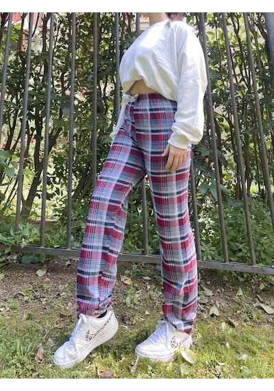Kadın Pamuklu Ekose Desenli Pijama Altı Eşofman Kurdeleli