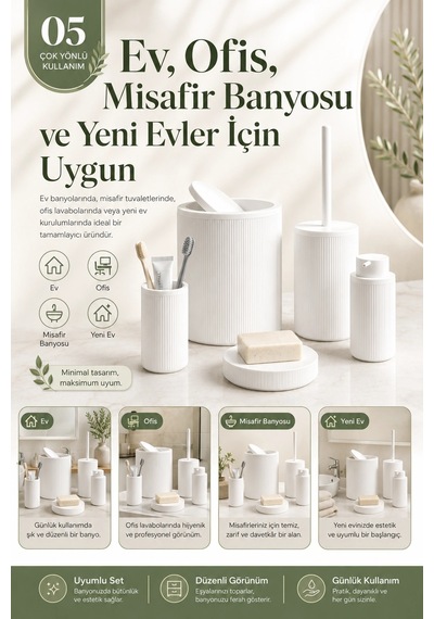 Çizgili Desenli Beyaz 5 Parça Banyo Seti Sıvı Sabunluk Sabunluk Ve Diş Fırçalık