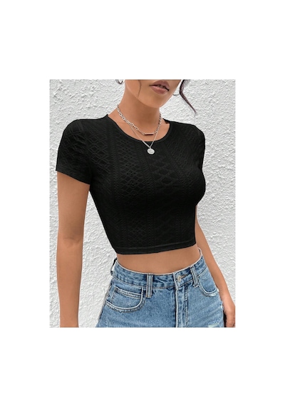Hımmelduf Siyah Belden Bağlamalı Kısa Kollu Crop Bluz Siyah