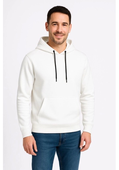 Suma Beyaz Erkek Kapüşonlu Kanguru Cepli Üç İplik Sweatshirt