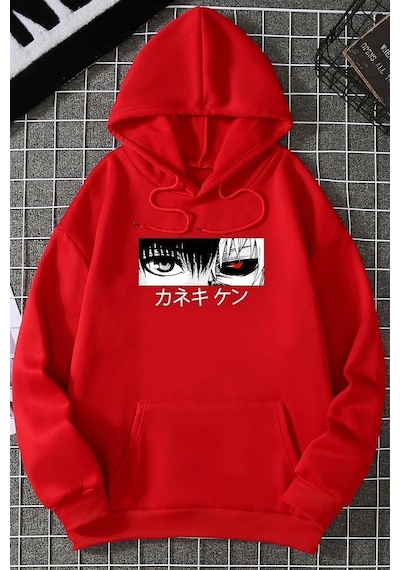Uyguntarz Unisex Ken Kaneki Baskılı Kapüşonlu Sweatshirt Kırmızı