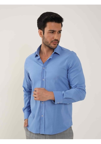 Dufy Koyu Mavi Erkek Slim Fit Düz Klasik Yaka Uzun Kol Gömlek - 92103-koyu Mavi Koyu Mavi