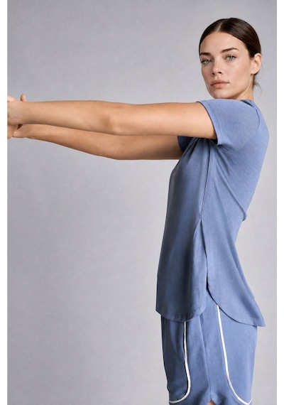 Defacto Yan Yırtmaçlı Long Fit Bisiklet Yaka Kısa Kollu Sporcu Tişört G0779ax26aube364 Mavi-be364