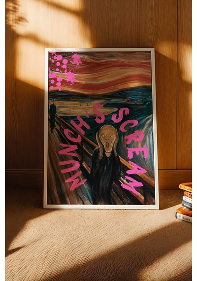 Edvard Munch The Scream Çığlık Çerçeveli Tablo Pembe Boya Sıçramalı İkonik Klasik Sanat Tablosu Altered Art