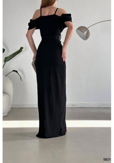 DefyModa Kadın Minimal Krep Kumaş V Yaka Yırtmaçlı Abiye Elbise Siyah