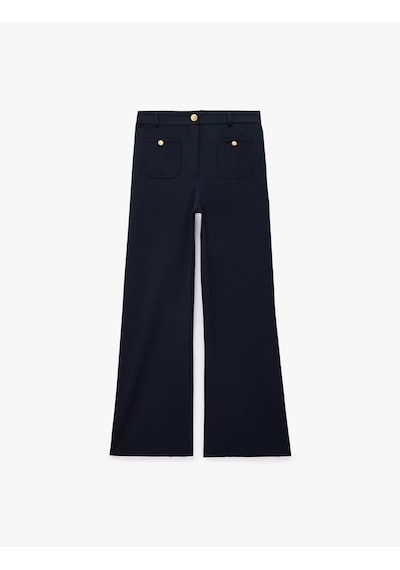Koton Yüksek Bel Metal Düğme Aksesuarlı Cepli Regular Fit Geniş Paça Pantolon Lacivert 7wak40012uw