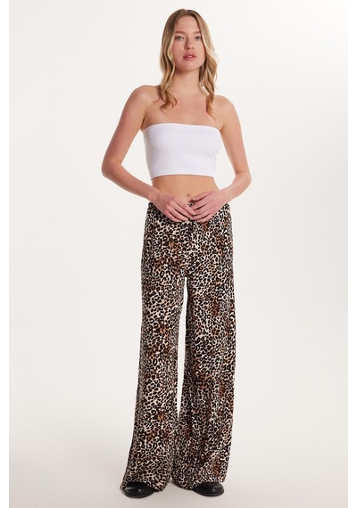 Tudors Kadın Slim Fit Dar Kesim Beli Lastikli Bağlamalı Leopar Desenli Pantolon-34301 Kahve - Taş