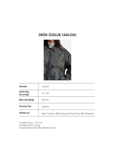 Kadın Kot Rengi T-10w6-8 Oversize Parlak Taş Ve Desen Özel Tasarım Denim Ceket