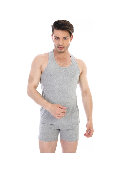 Çift Kaplan Erkek Elastanlı Spor Gri Atlet 916
