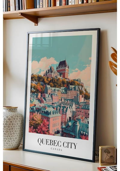 Quebec City Canada Vintage Seyahat Posteri Çerçeveli Tablo - Premium Şato Manzaralı Duvar Dekoru Siyah