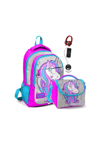 Coral High Okul Sırt Çantası Ve Beslenme Çantası Seti - Kız Çocuk Pembe Unicorn - Usb Soketli