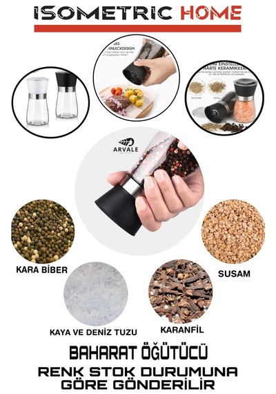 1 Adet Karışık Renk Seramik Bıçaklı Tuz, Baharat Değirmeni Siyah - Beyaz
