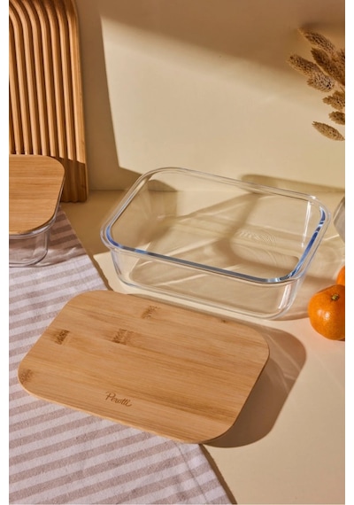 Perotti Locky Bamboo 4 Lü Cam Saklama Kabı 1500+1050+640+370 Ml Bambu - Şeffaf