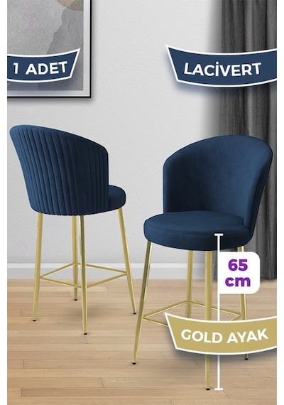 Canisa Alte Serisi 1 Adet Babyface Kumaş 65 Cm Gold Kaplama Ayaklı Lacivert Bar Sandalyesi Lacivert Sandalye Gold Kaplama Ayak