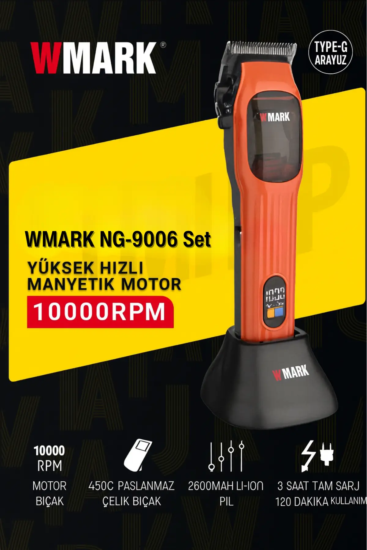 Wmark Ng-9006 Şarjlı Saç Kesme Makinesi Turuncu Akıllı Güç Yönetimi, Led Gösterge 3 saat