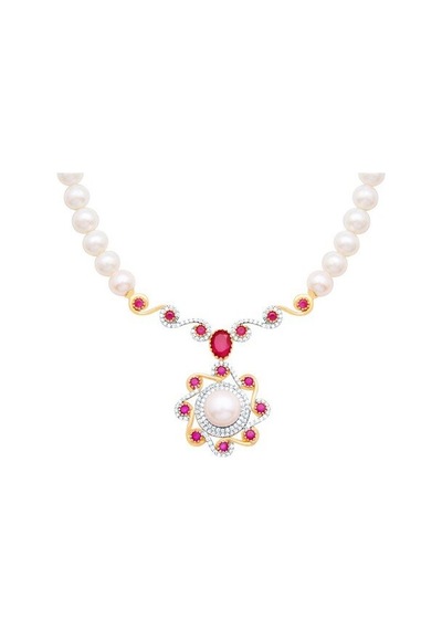 Diamond Line - Gülaylar - Sarı Beyaz Altın 14 Ayar Incili Gerdanl Standart
