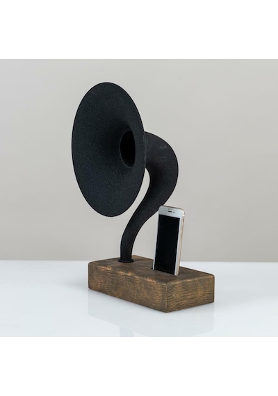 Akustik Gramofon Eskitme Gold Ahşap Gövde / Siyah Metal Başlık