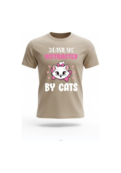 Urbantrendstore Kedili Tişört Kedi Baskılı Yarım Oversize Pamuklu Biskilet Ve Yuvarlak Yaka Tişört Tshirt Bej