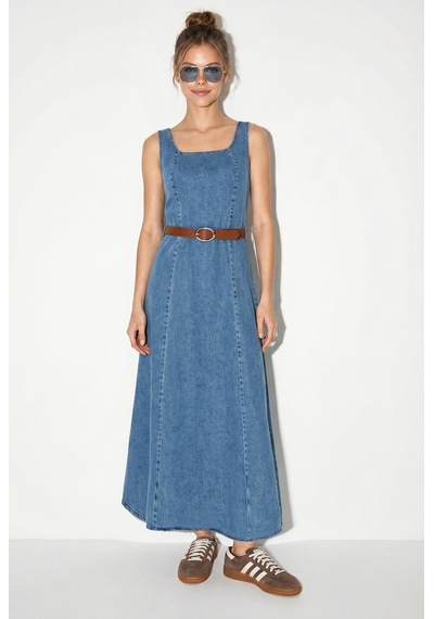 Shade Kadın Geniş Yaka Askılı Kemerli Kloş Denim Elbise 6084 60286108 - Mavi