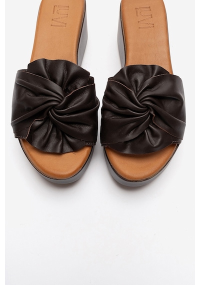 Luvishoes Jeff Kahverengi Cilt Hakiki Deri Fiyonklu Kadın Dolgu Topuklu Terlik