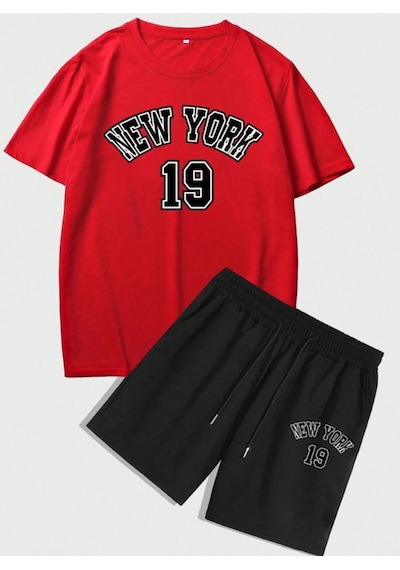 Altamira Erkek Kırmızı New York 19 Baskılı Şort T-shirt Takım 001