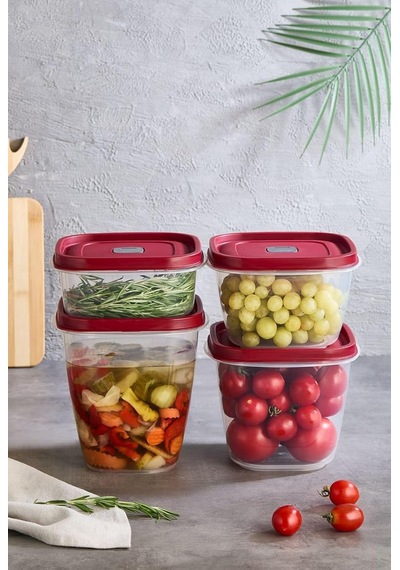 Modern 4 ' Lü Kare Vakumlu Saklama Kabı - Özel Vakum Kapağı - Kırmızı - 1000ml 1500ml -2000ml -2500ml Diğer