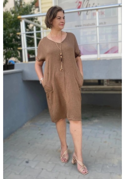 Mia Butik Büyük Beden Kahve Kolye Hediyeli Salaş Elbise Kahve