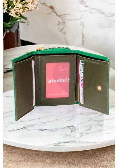 Mygeppetobag Kadın Fermuarlı Ve Çıtçıtlı Bozuk Para Bölmeli Şık Cüzdan Yeşil Çok Renkli