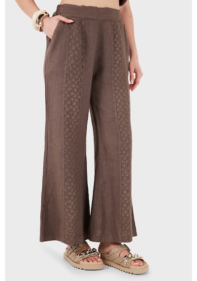 Via Dante % 100 Keten Relaxed Fit Brode İşlemeli Pantolon Bayan Pantolon 69912211 Kahve
