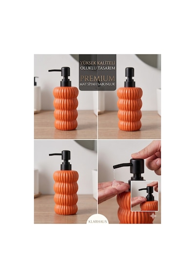 Dalgalı Seramik Mat Siyah Pompalı Sıvı Sabunluk - 400 Ml - 18 X 8 X 7 Cm Turuncu