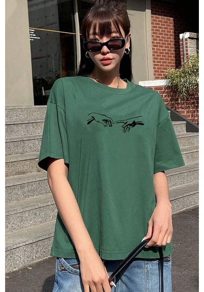 Unisex Michelangelo Baskılı T-shirt Yeşil