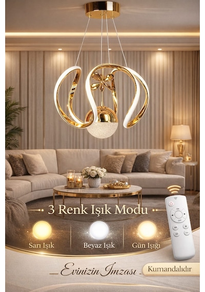 Riko Tek Toplu Led Avize 3 Renk Led Isıklı Kumandalı Modern Avize Salon Avize Gold