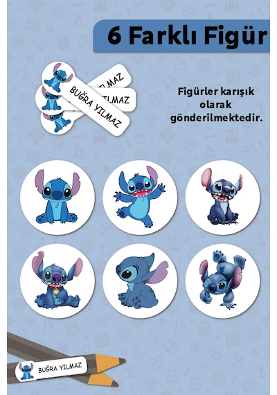 Stitch Temalı Kişiye Özel İsimli Defter Kalem Okul Etiketi, Yırtılmaz Pvc Etiket, Islanmaz Beyaz