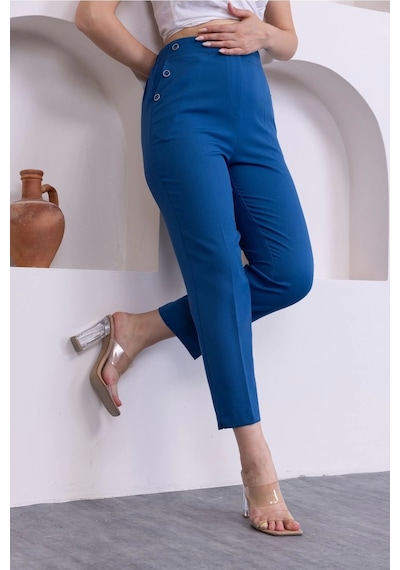 Lodmela Düğme Detaylı Beli Lastikli Bilek Boy Pantolon 351-indigo İndigo