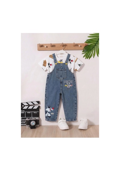 Nota Kids Baskılı Çocuk Kot Salopet Trend 2 Parça Kombin 3-6 Yaş Çok Renkli