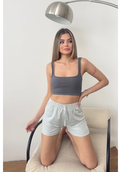 Giysa Kadın Beli Lastikli Çizgili Pijama Altı Şort Yeşil - 26y 2602