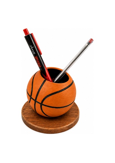 Basketbol Topu Tasarım Kalemlik 10 Cm Standlı Dekoratif Masaüstü Organizer Kalem Tutucu Siyah - Beyaz