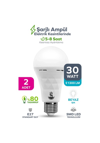 Şarjlı Akülü 30w Beyaz Işık Led Ampul 2 Adet 2 Adet