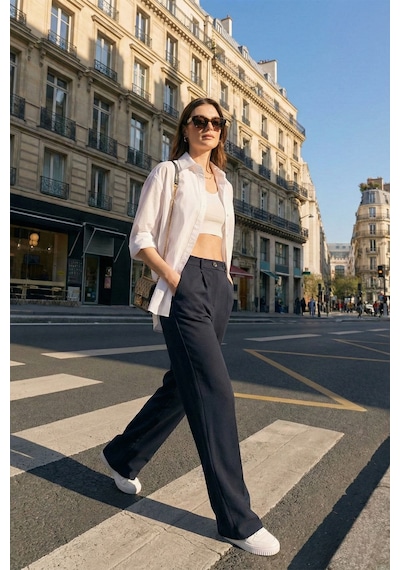 Lela Standart Fit Yüksek Bel Bol Paça Bayan Pantolon 6522280 Lacivert