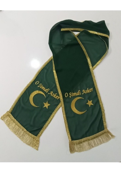 Yeşil Şifon Nakış İşlemeli Kına - Damat - Asker Omuz Şalı Atkısı Örtüsü Gold Ayyıldız Nakış İşleme